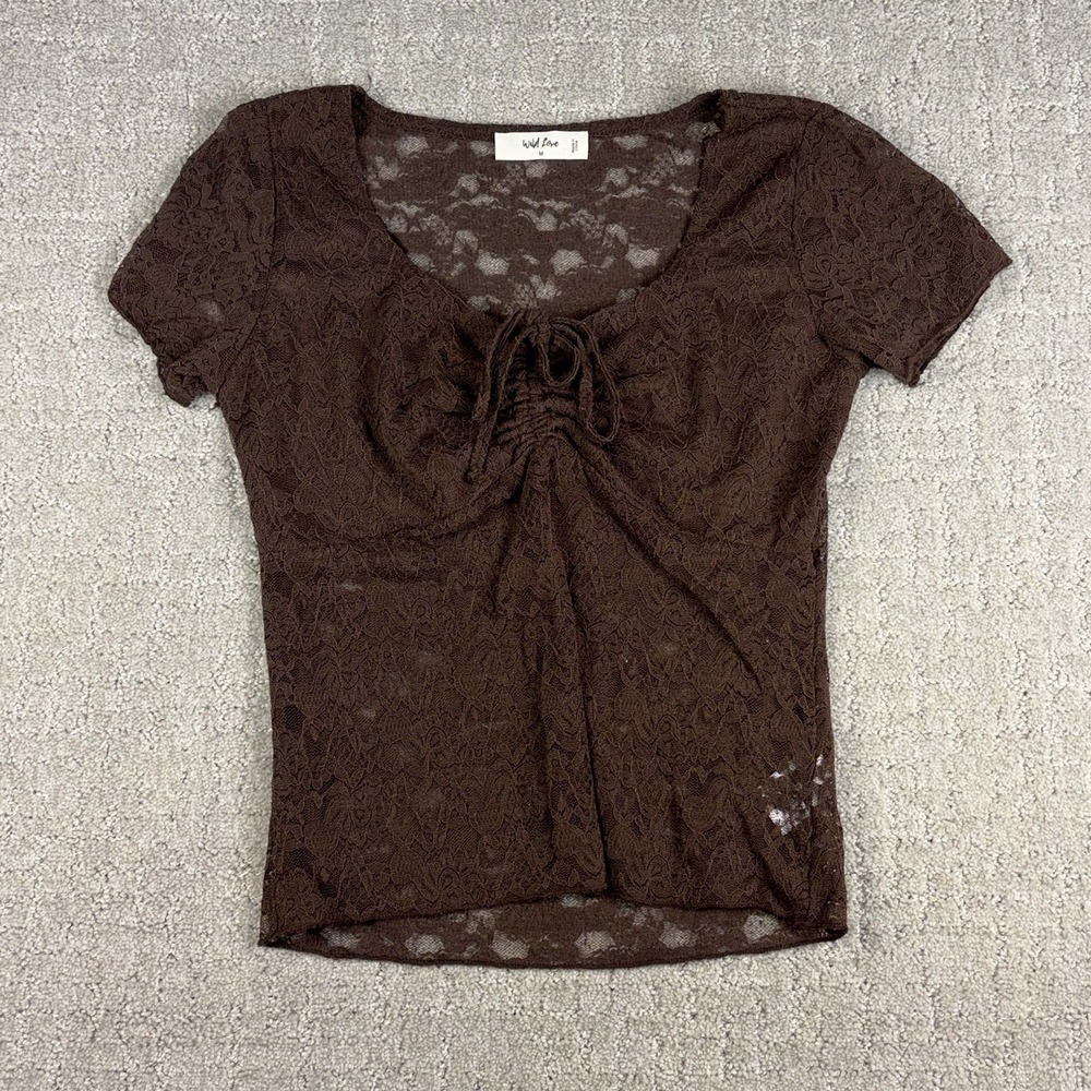 Wild Love Brown Sheer Floral Lace Ruched Babydoll Top Coquette Grunge Y2K Medium